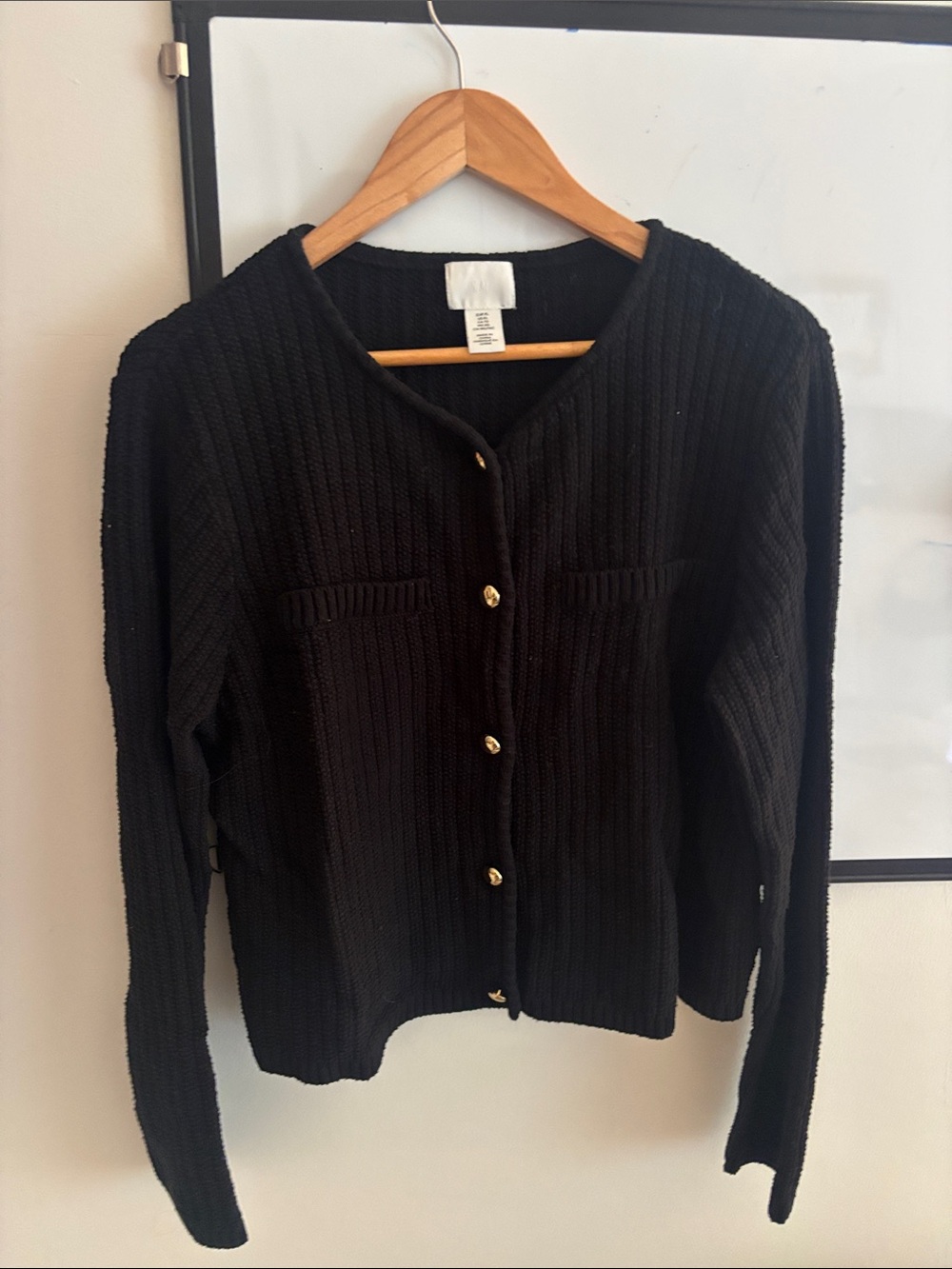 H&M Black Ribbed Button-Front Cardigan with Gold Buttons